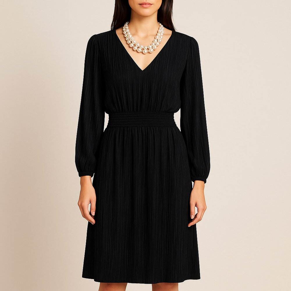 Kensie Black Pleated Long-Sleeve Dress – Size 8